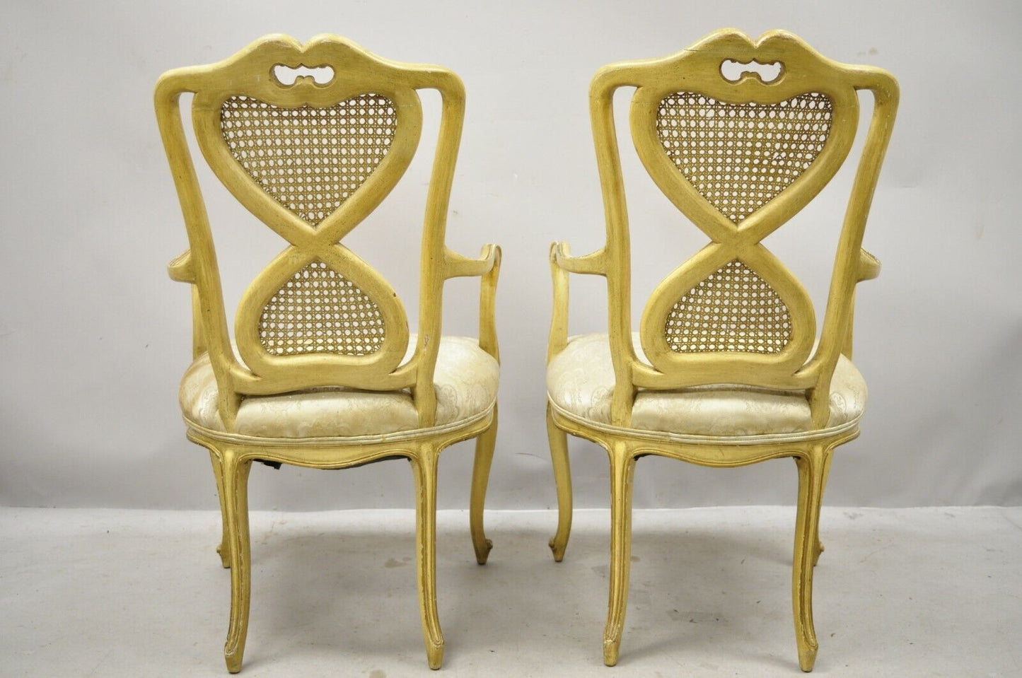 Vintage Italian Provincial French Louis XV Yellow Cane Back Dining Arm Chairs