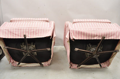 Pair Vintage Custom Pink Candy Stripe Upholstered Swivel Tilt Club Lounge Chairs