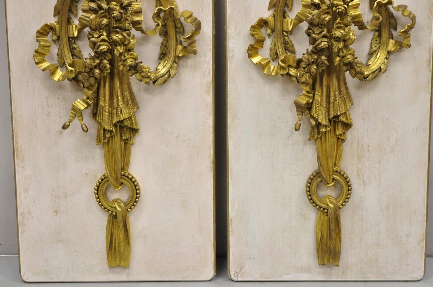 French Louis XV Gold Gilt Bronze Ribbon Drape Large Wall Plaque Sconces - a Pair