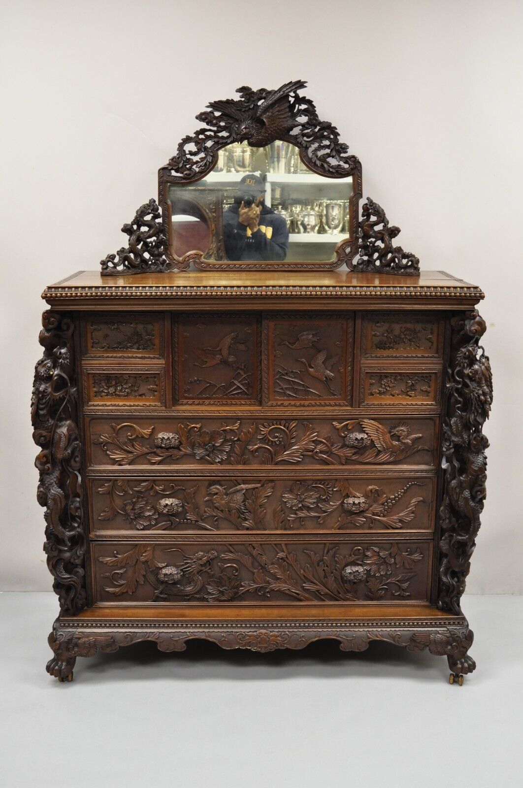 Japanese Art Nouveau Dragon Carved Dresser Cabinet, Chest of Drawers w/ Mirror