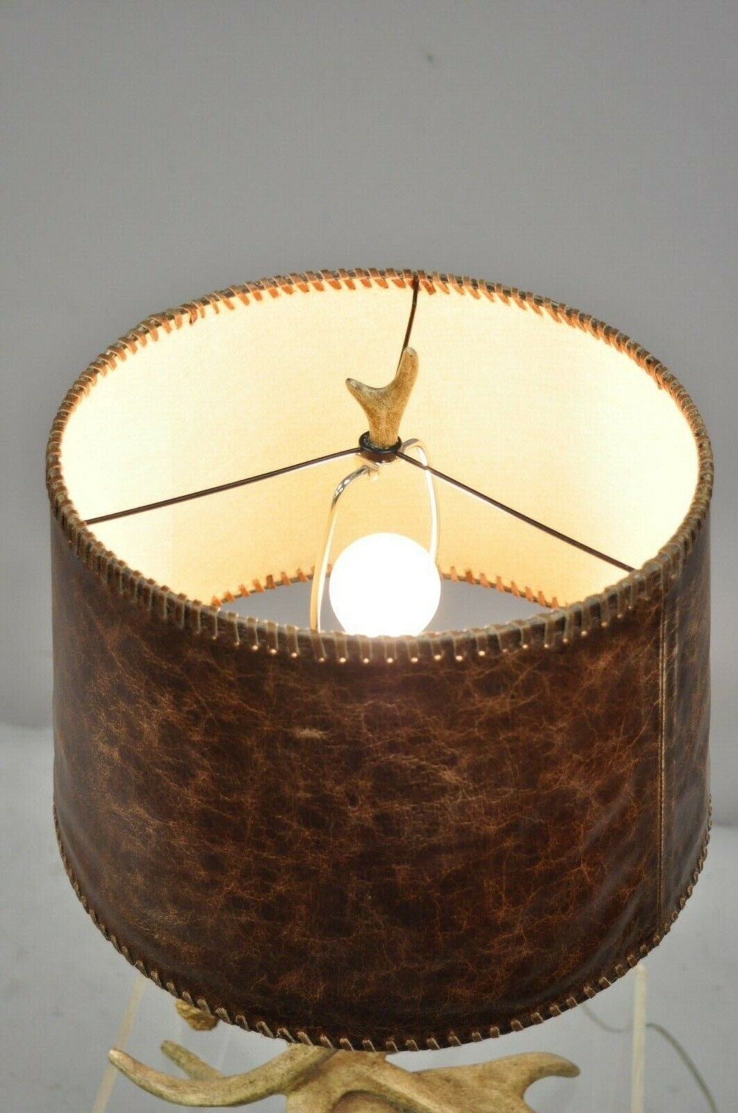 Faux Mule Deer Antler Horn Table Lamp with Brown Leather Shade