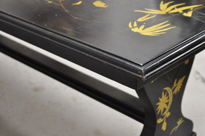 Vintage Chinoiserie Asian Inspired Black Painted Gold Gilt Trestle Coffee Table