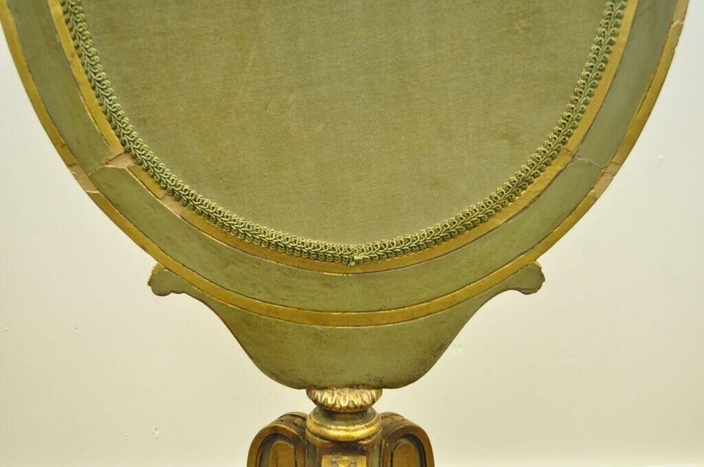 Antique French Louis XVI XV Style Carved Giltwood Green Oval Fireplace Screen