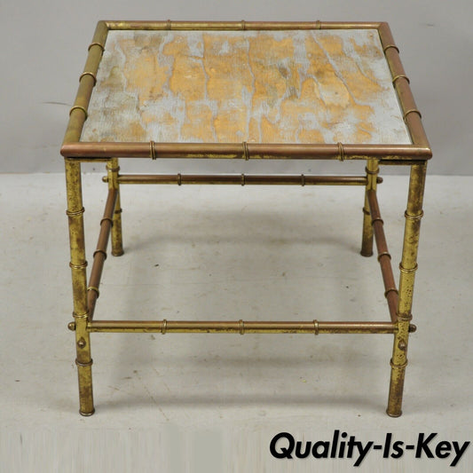 Italian Hollywood Regency Faux Bamboo Brass Tole Metal Low Square Side Table