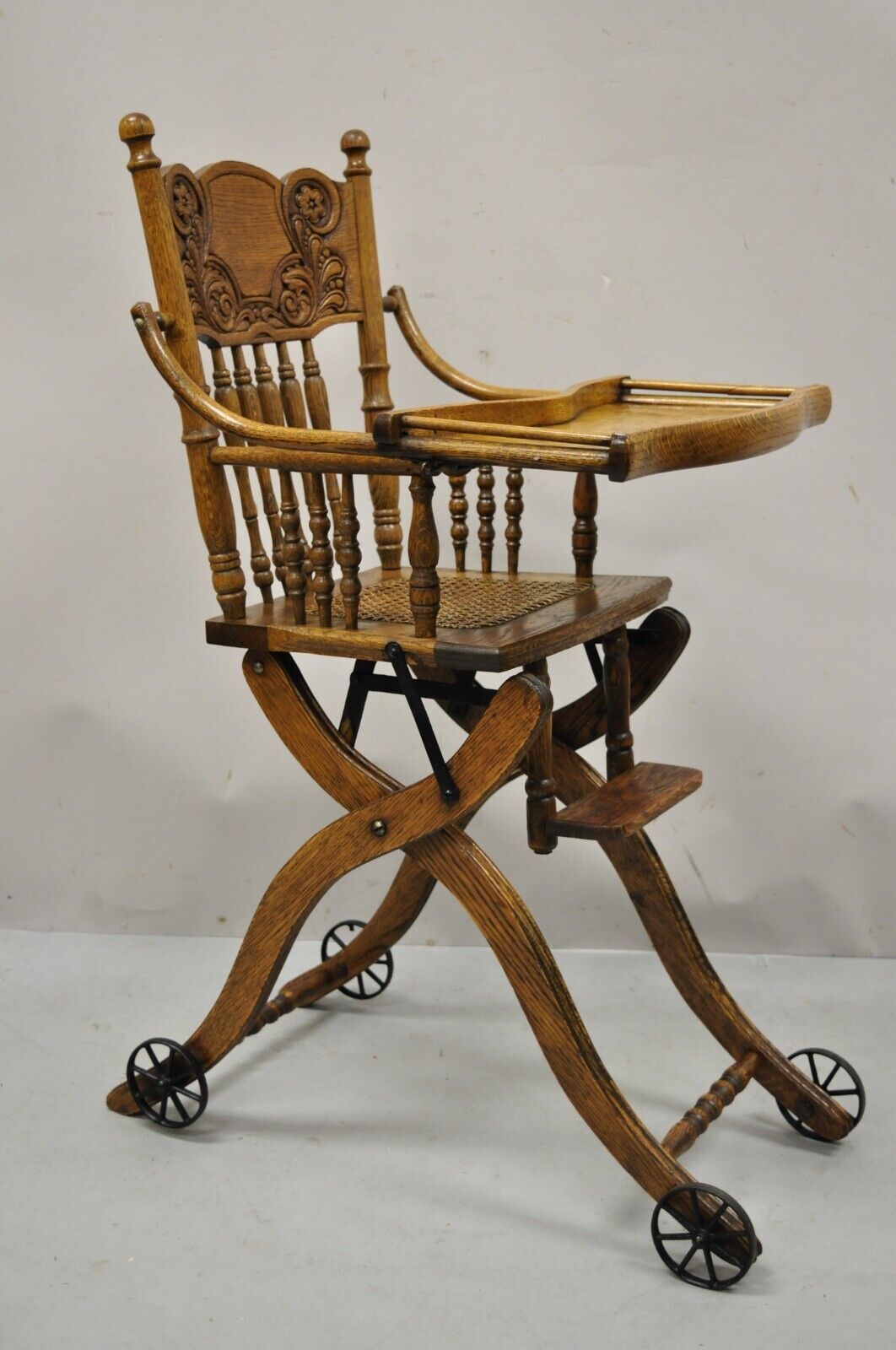 Antique Victorian Oak Wood Convertible Combination Baby High Chair Stroller