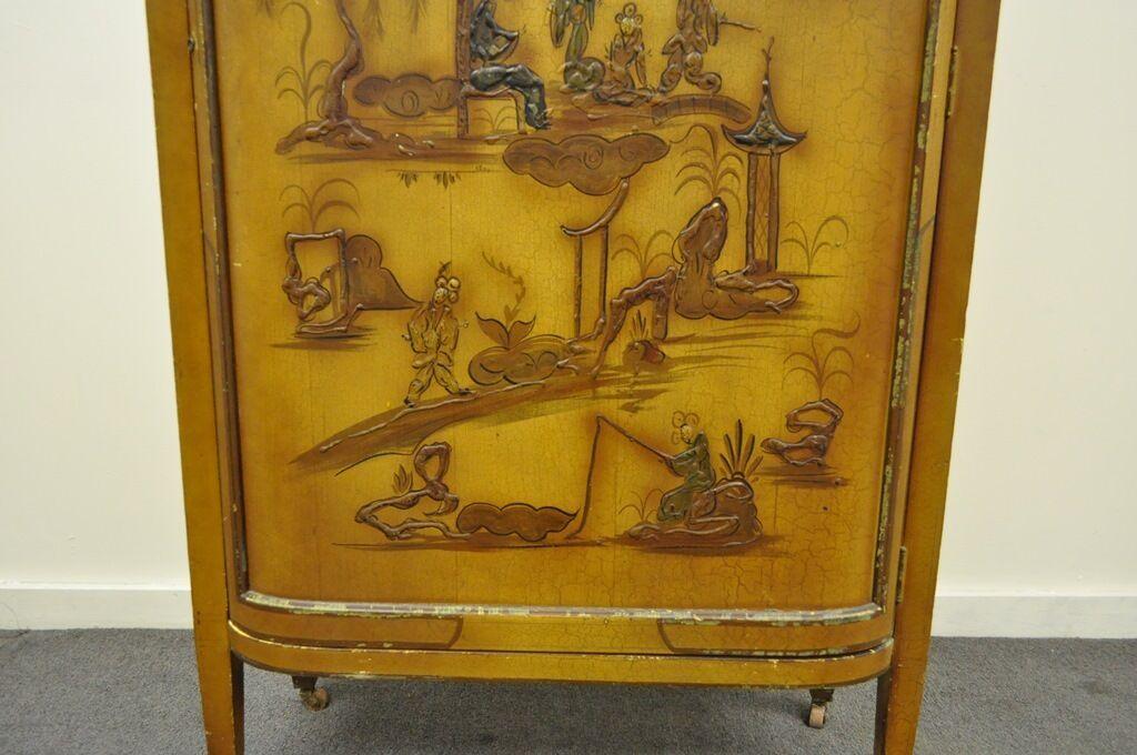 Vintage Oriental Chinese Asian Lacquered Figural Painted Mirrored Cabinet Curio