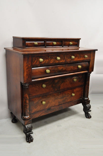 Antique American Empire Crotch Mahogany Chest Drawers Step Back Dresser Paw Feet