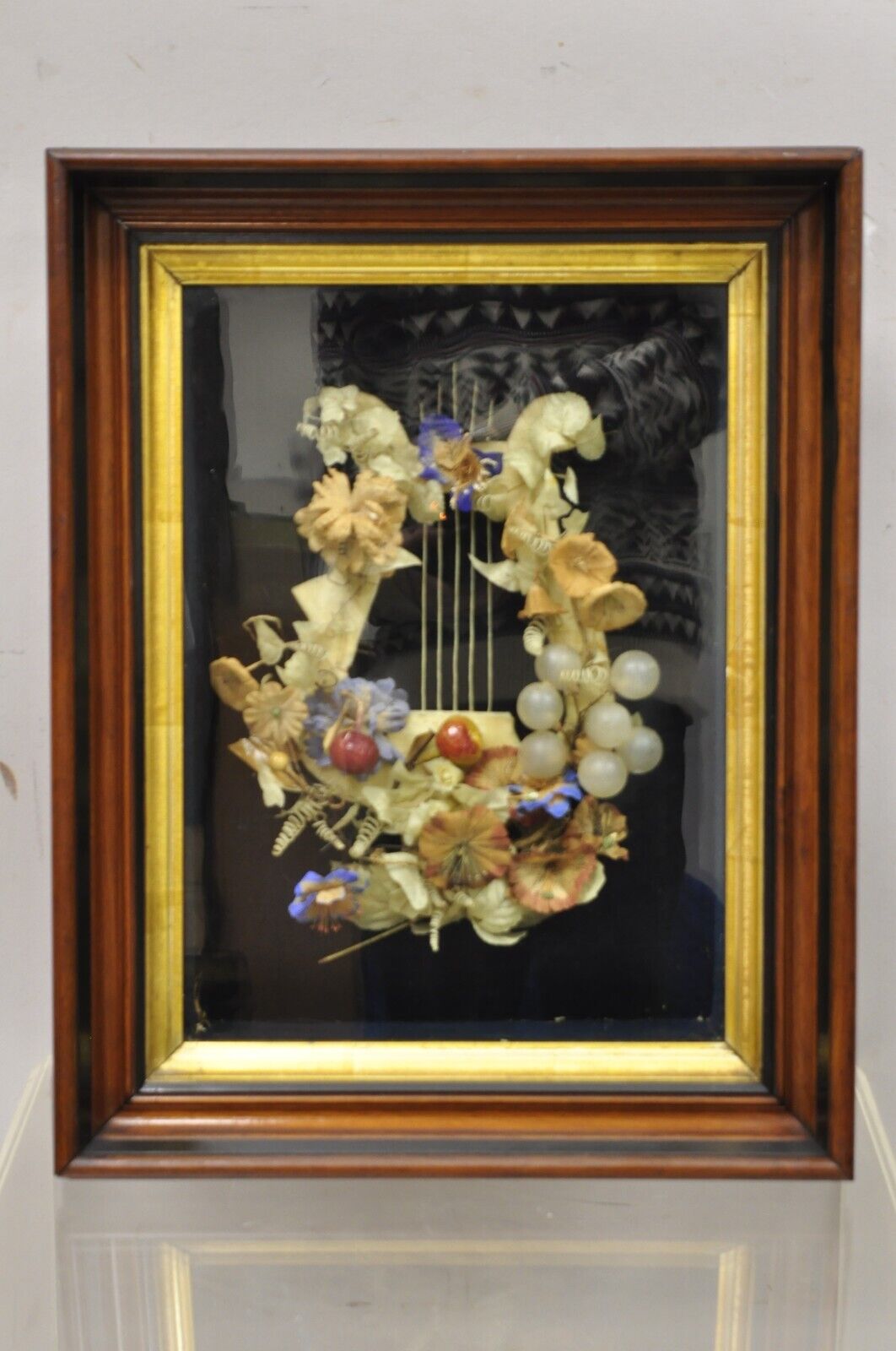 Antique Victorian Harp Design Flower Mourning Wreath Mahogany Shadow Box Frame