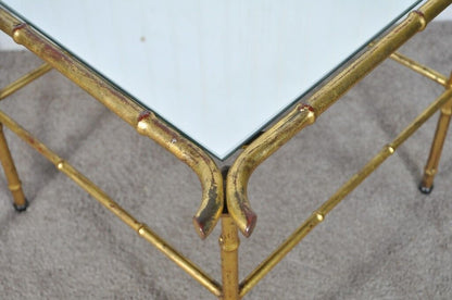 Pair Vintage Italian Hollywood Regency Faux Bamboo Gold Mirror Iron Side Tables