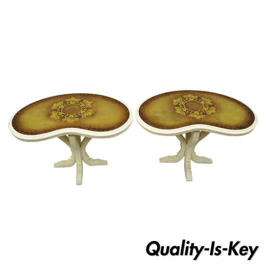Pair Vtg Hollywood Regency French Kidney Bean Shaped Side Tables Gold Glass Top