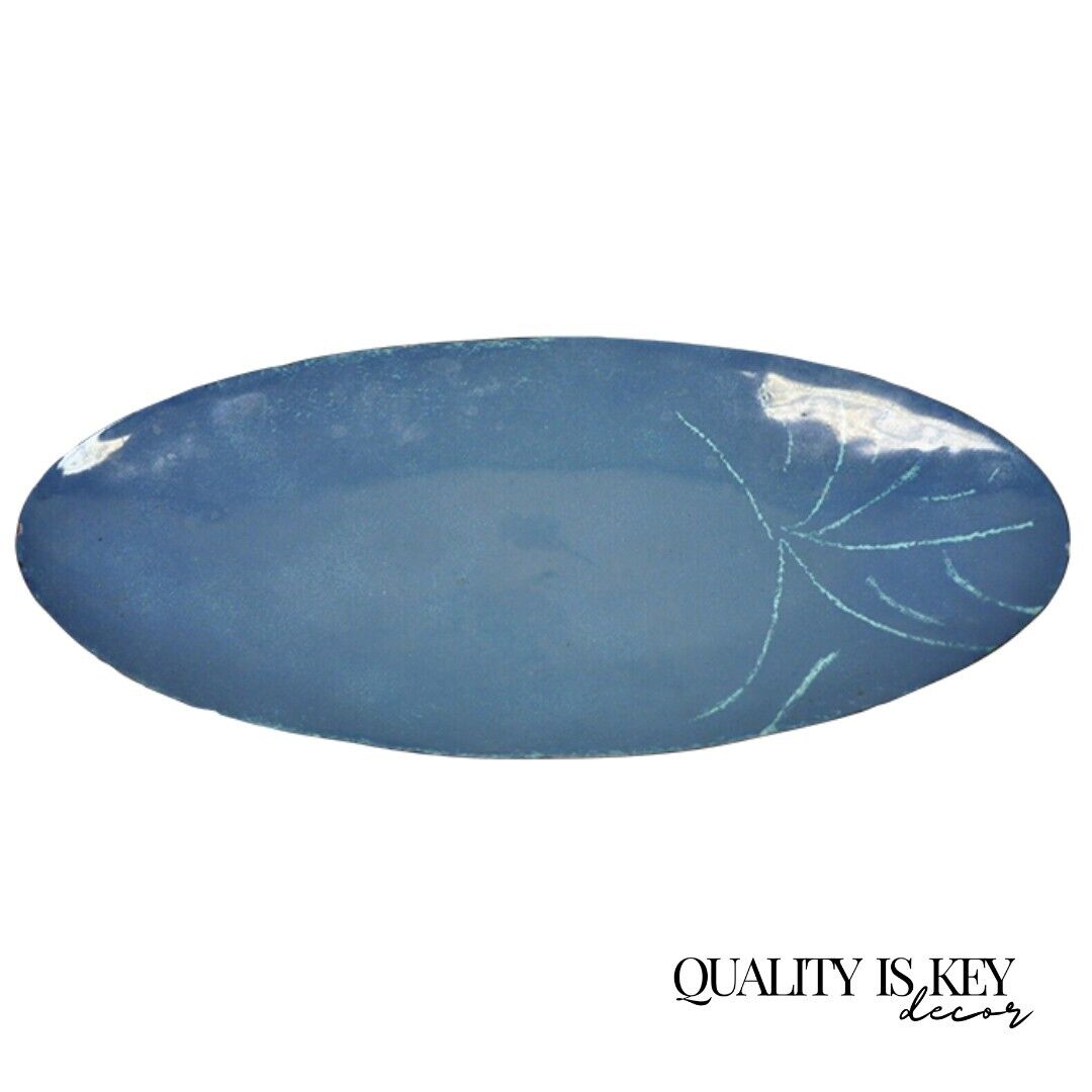 Vintage Mid Century Modern Blue Porcelain Enamel Copper 10" Oval Trinket Dish