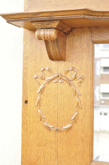 Antique American Victorian Golden Oak Wood Fireplace Mantel With Beveled Mirror