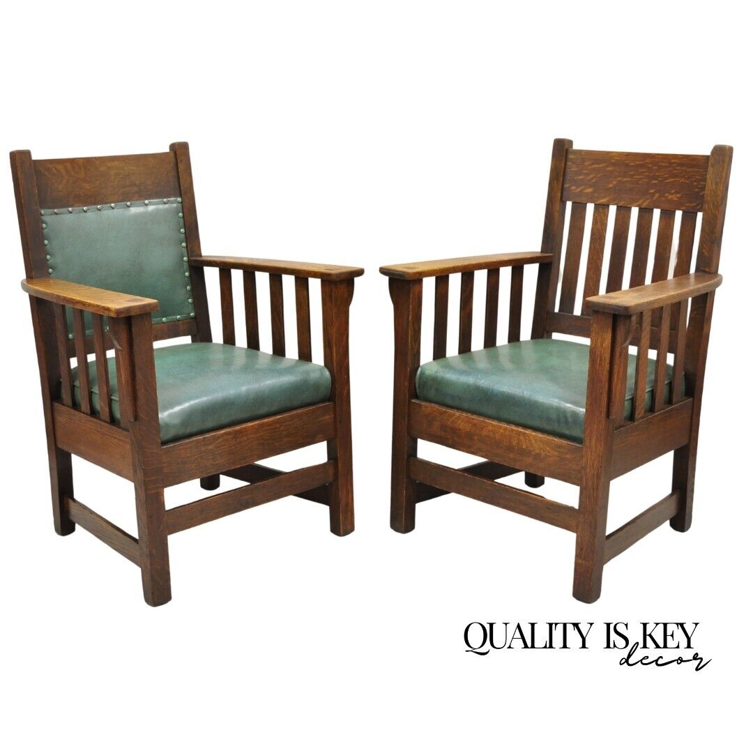 Mission Oak Arts & Crafts Stickley JM Young Style Lounge Arm Chairs Green - Pair