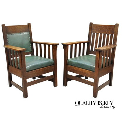 Mission Oak Arts & Crafts Stickley JM Young Style Lounge Arm Chairs Green - Pair