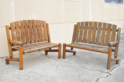 Log Cabin Primitive Adirondack Wooden Log Outdoor Bench Sofa Set - 2 Pcs