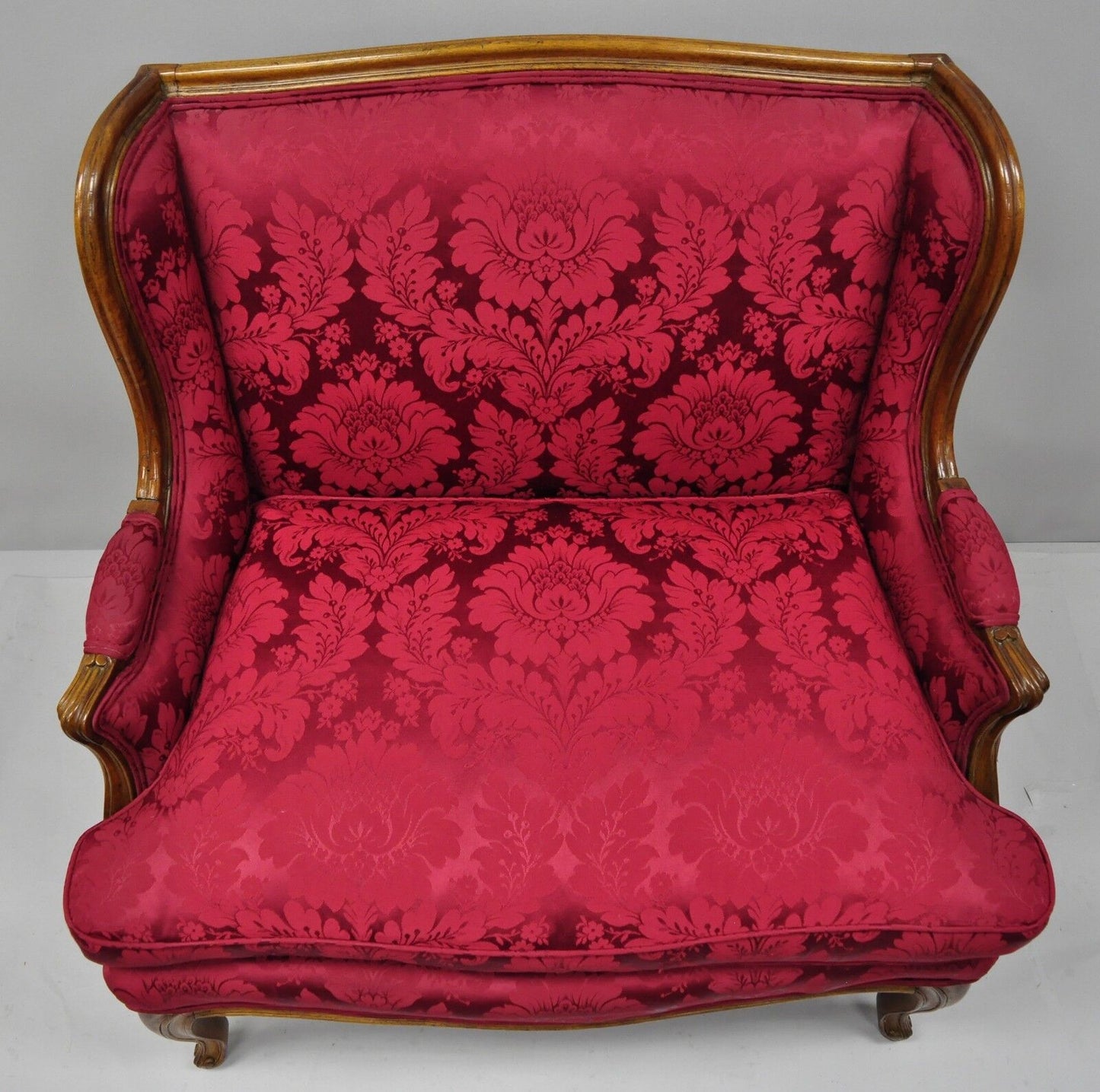 French Country Louis XV Style Carved Mahogany Burgundy Wingback Settee Sofa