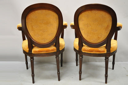 French Louis XVI Style Upholstered Oval Back Dining Arm Chairs - a Pair