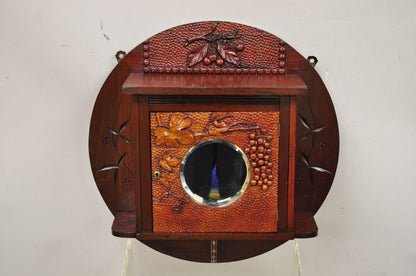 Antique Victorian Black Forest Carved Round Wall Mirror Curio Cabinet