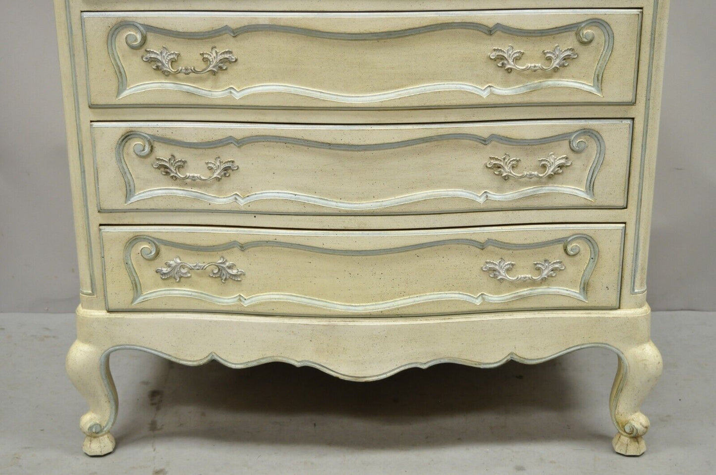 Vintage French Provincial Cream Blue Paint Tall Narrow Custom 65" Chest Dresser