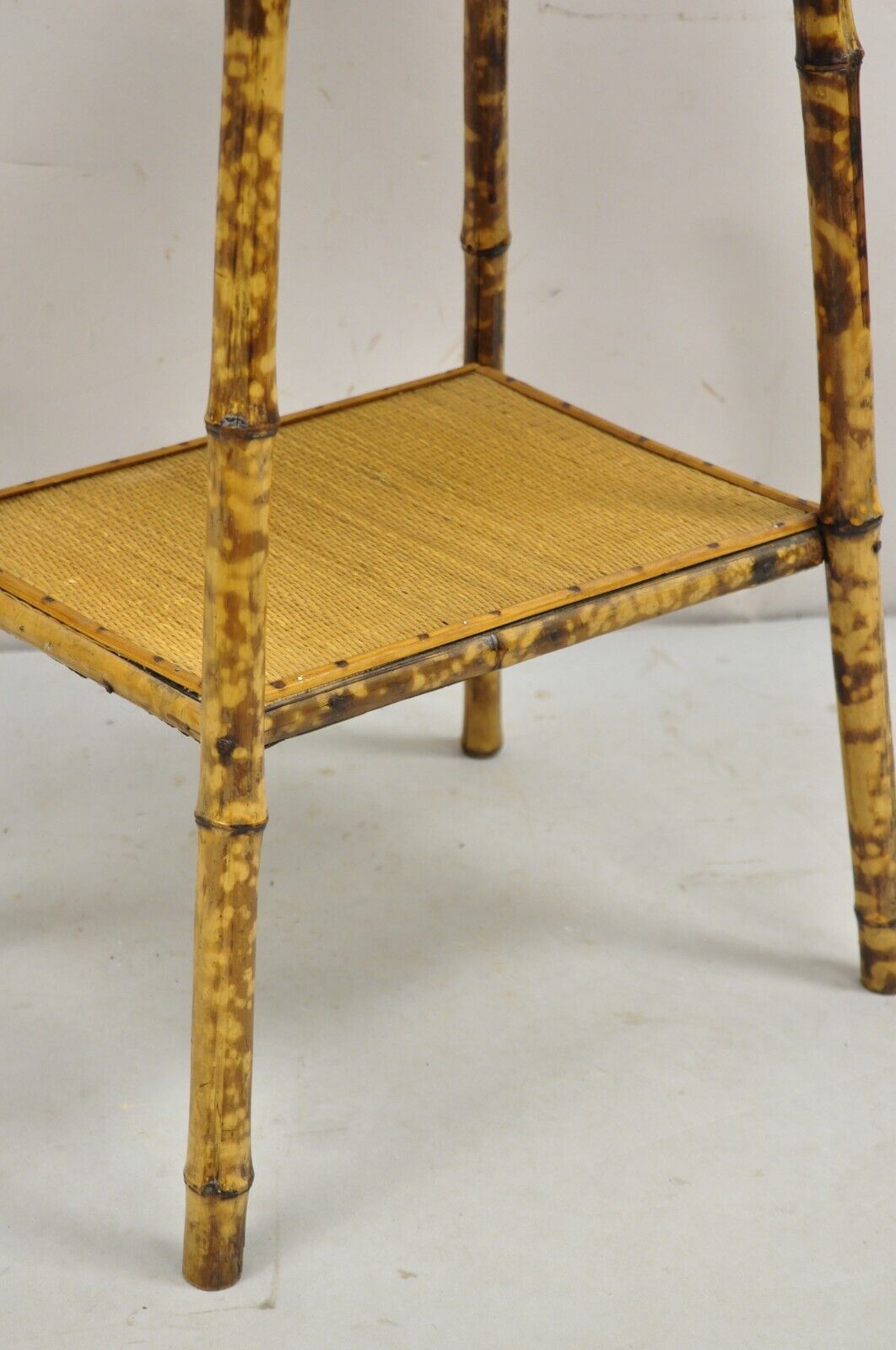 Antique English Victorian Bamboo and Cane 2 Tier Plant Stand Side Table