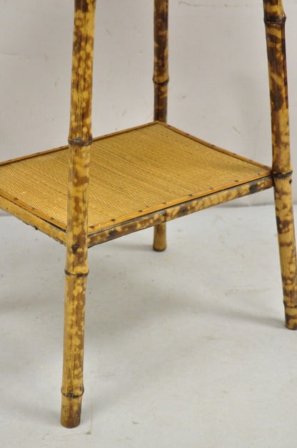 Antique English Victorian Bamboo and Cane 2 Tier Plant Stand Side Table