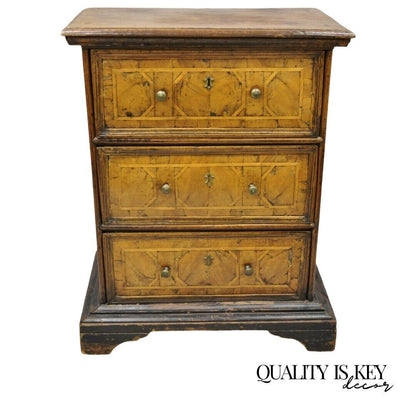 19th Century Italian Marquetry Inlay Walnut 3 Drawer Commode Chest Nightstand