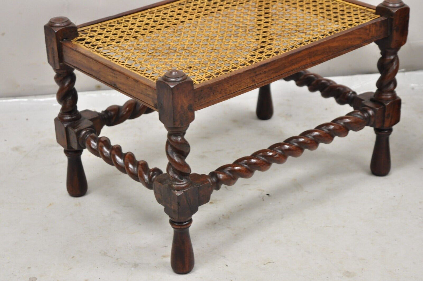 Antique Jacobean Turn Carved Walnut Handmade Cane Seat Footstool Ottoman - Pair