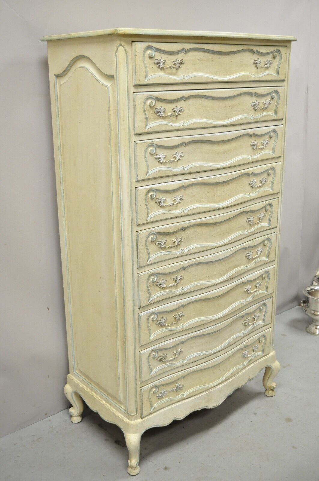 Vintage French Provincial Cream Blue Paint Tall Narrow Custom 65" Chest Dresser