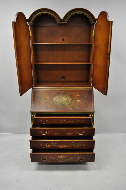 Early 20th C. English Adams Style Hand Painted Double Bonnet Top Secretary Desk
