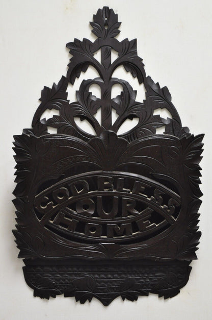 Victorian Black Forest Walnut Wall Pocket Letter Holder "God Bless Our Home"