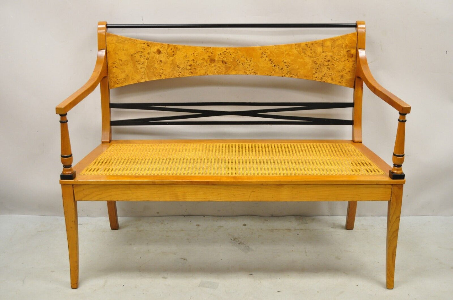 Vintage Italian Biedermeier X-Frame Burlwood Cane Seat Klismos Long Bench Settee