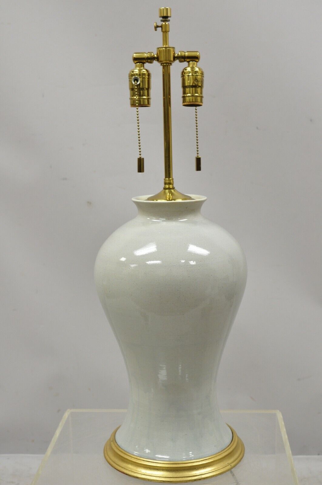 Modern Celadon Green Glazed Ceramic Brass Bulbous Stoneware Table Lamps - a Pair