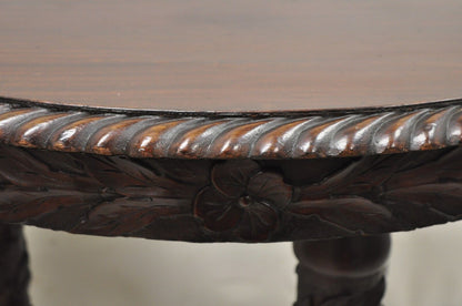 Antique American Empire Floral Spiral Carved Mahogany Round Library Center Table