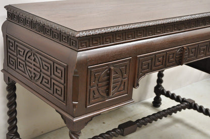 Antique Jacobean William and Mary Greek Key Carved Mahogany 3 Drawer Desk