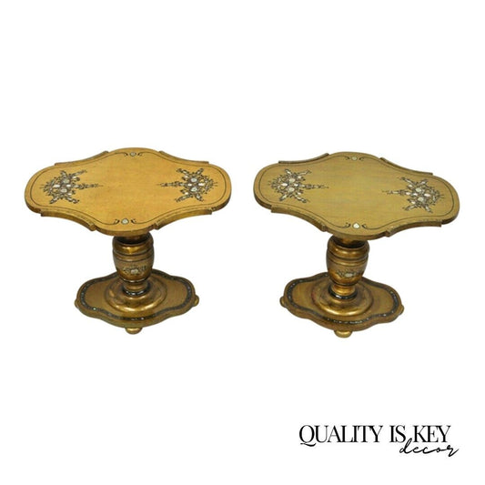 Mediterranean Gold Leaf Low Pedestal Side Tables Mother of Pearl Inlay - a Pair