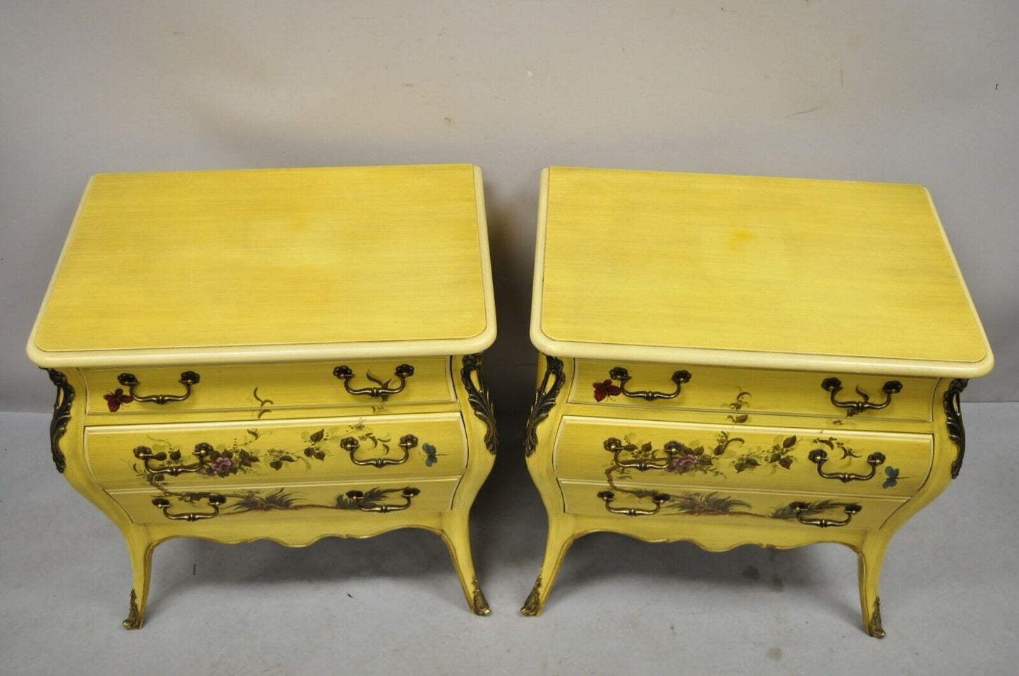 French Louis XV Style Yellow Butterfly Painted 3 Drawer Nightstands - a Pair