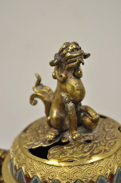 Vintage Japanese Cloisonne Enamel Champleve Bronze Foo Dog Incense Burner