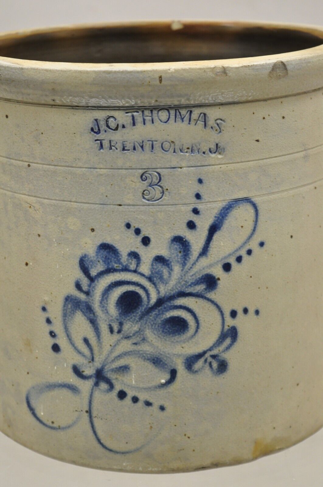 Antique J.C. Thomas Trenton NJ 3 Gallon Stoneware Crock Pot Cobalt Blue Flower