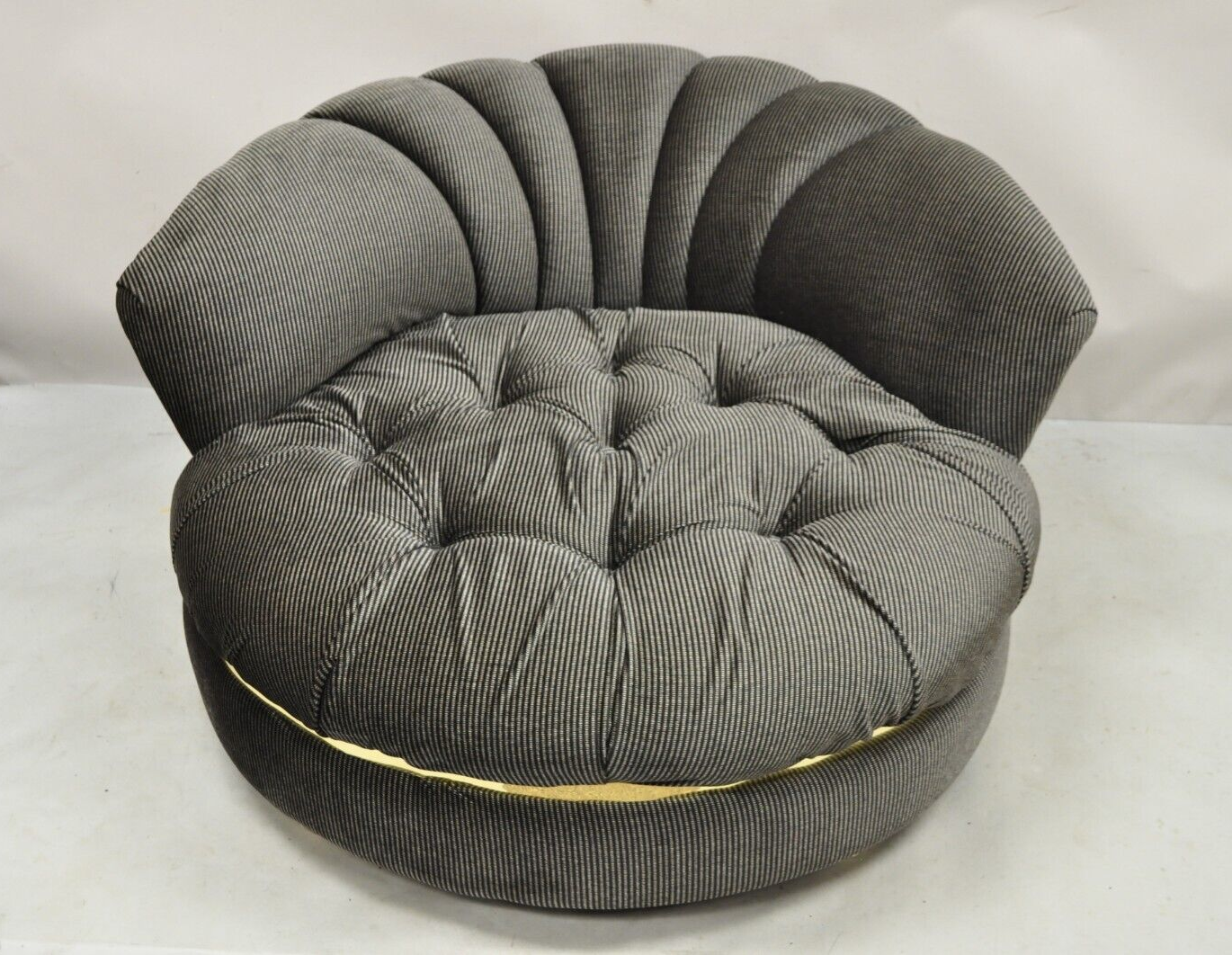 Large Milo Baughman Style Round Black Club Lounge Chair Brass Trim Feet - a Pair