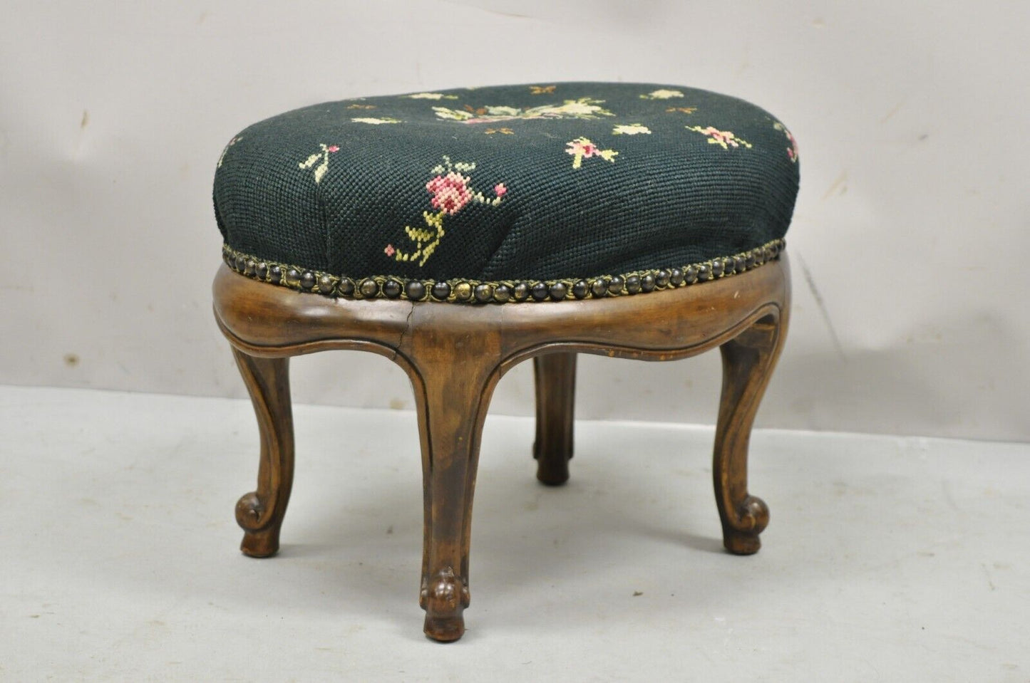 Antique French Victorian Green Floral Needlepoint Oval Mahogany Small Footstool