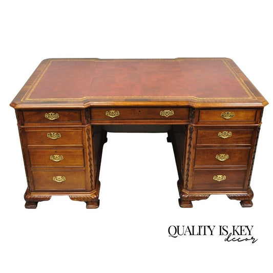Vintage Chippendale Style Double Sided Leather Top Executive Partners Desk