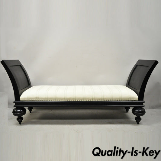 Late 20th C Hollywood Regency Italian Style Large Black Bun Feet Window Bench