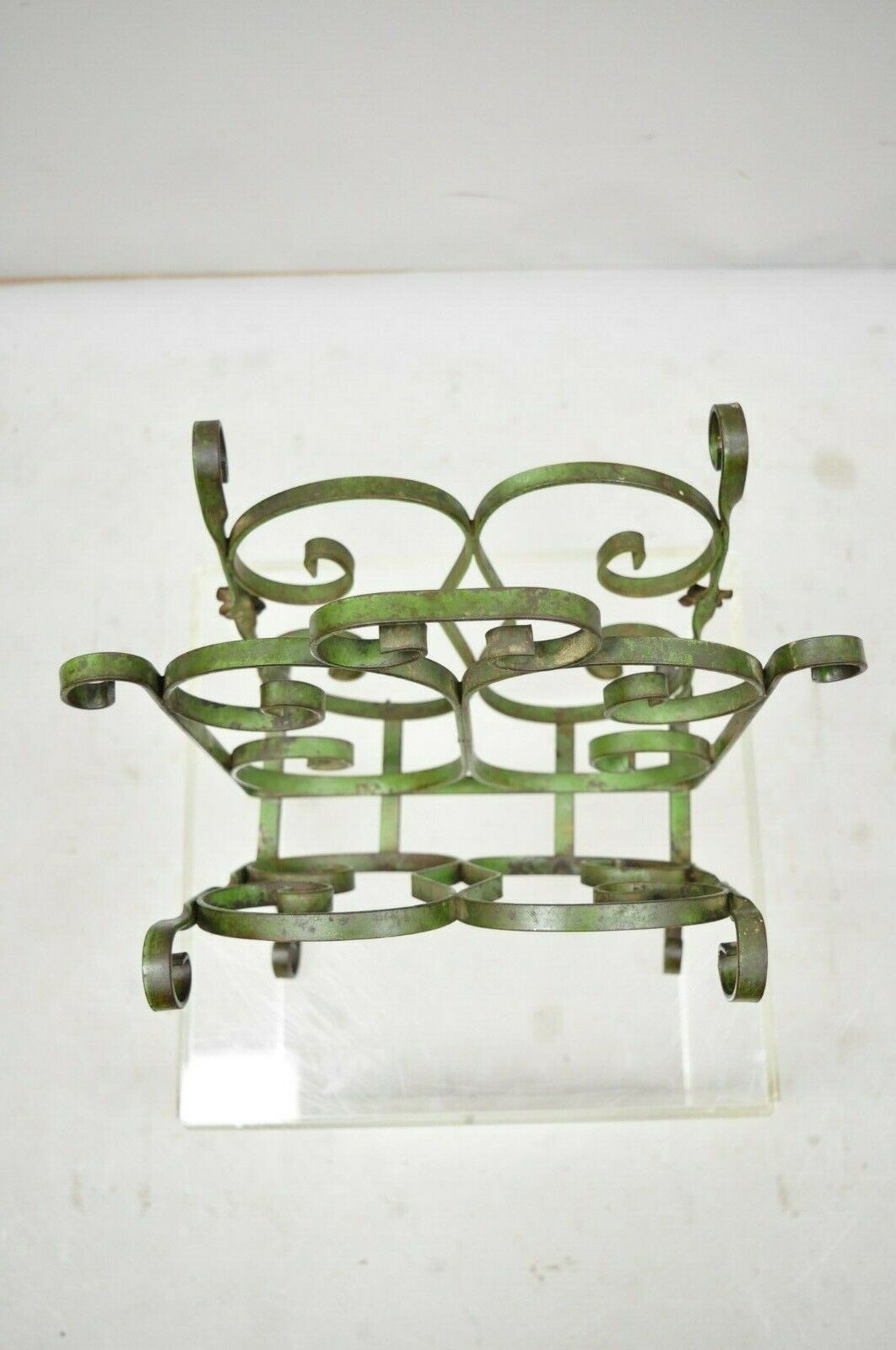 Antique Art Nouveau French Style Wrought Iron Small Green Magazine Rack Flowers