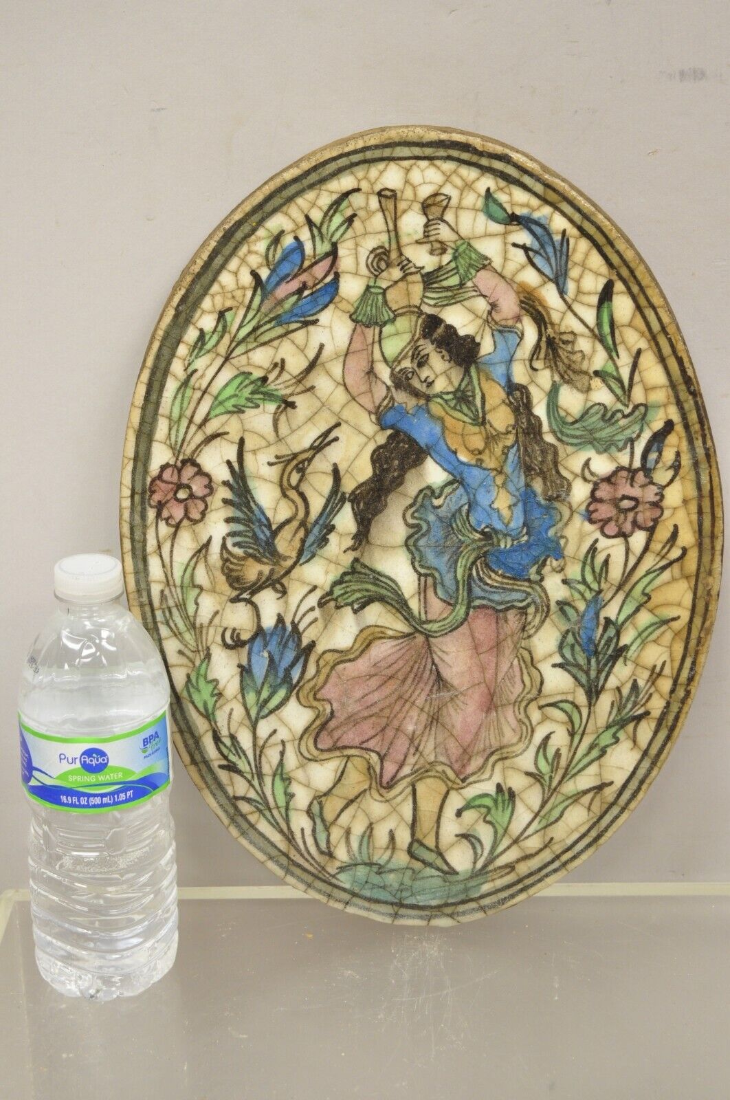 Antique Persian Iznik Qajar Style Ceramic Pottery Oval Tile Blue Dancer C3