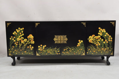 Vintage Chinoiserie Black Lacquer Hand Painted Floral Credenza Cabinet Sideboard