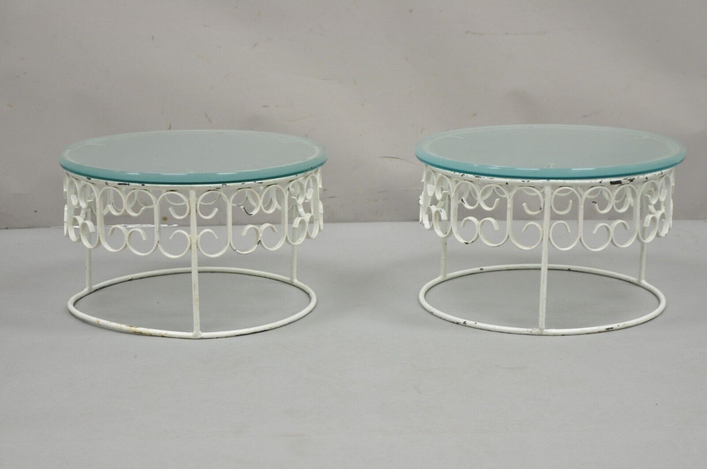 Arthur Umanoff Wrought Iron Scroll Low Round Glass Top Side Tables - a Pair