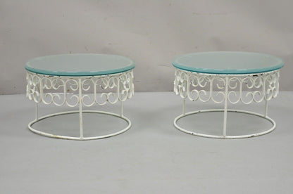 Arthur Umanoff Wrought Iron Scroll Low Round Glass Top Side Tables - a Pair