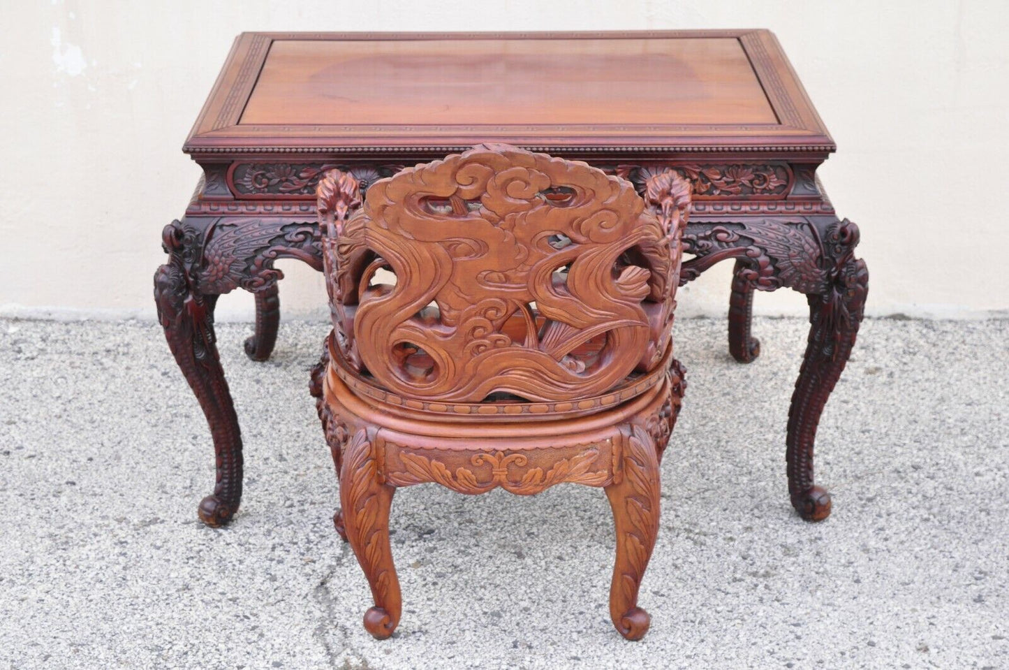 Antique Japanese Art Nouveau Dragon Carved 4 Drawer Partners Desk and Chair