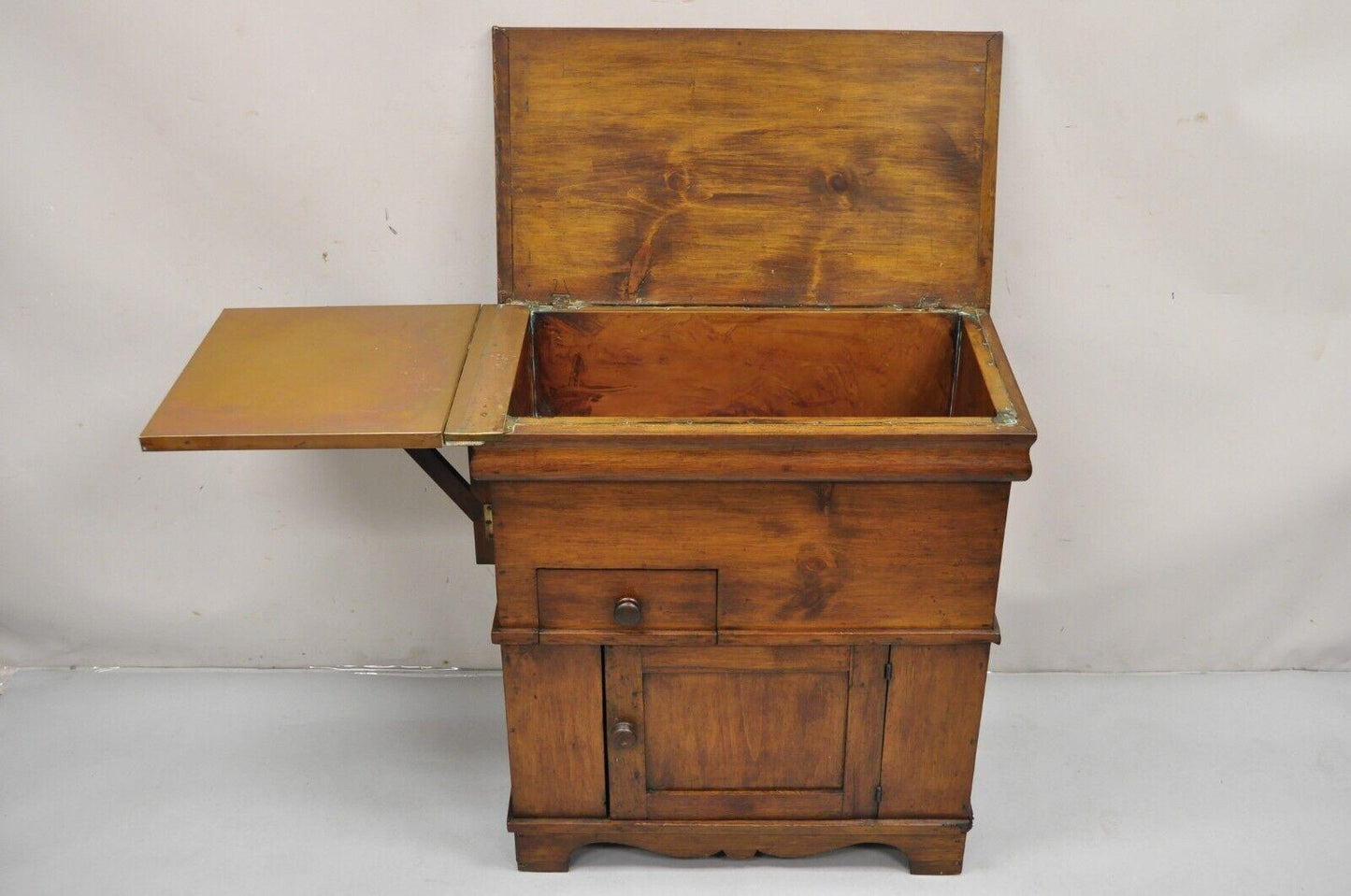 Antique Pine Wood Lift Top Copper Lined Dry Sink with Copper Drop Side Surface