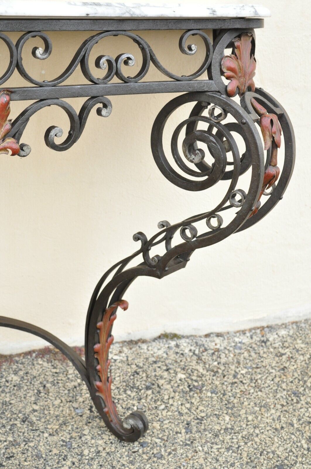 Antique French Art Nouveau Marble Top Wrought Iron Wall Mount Console Hall Table